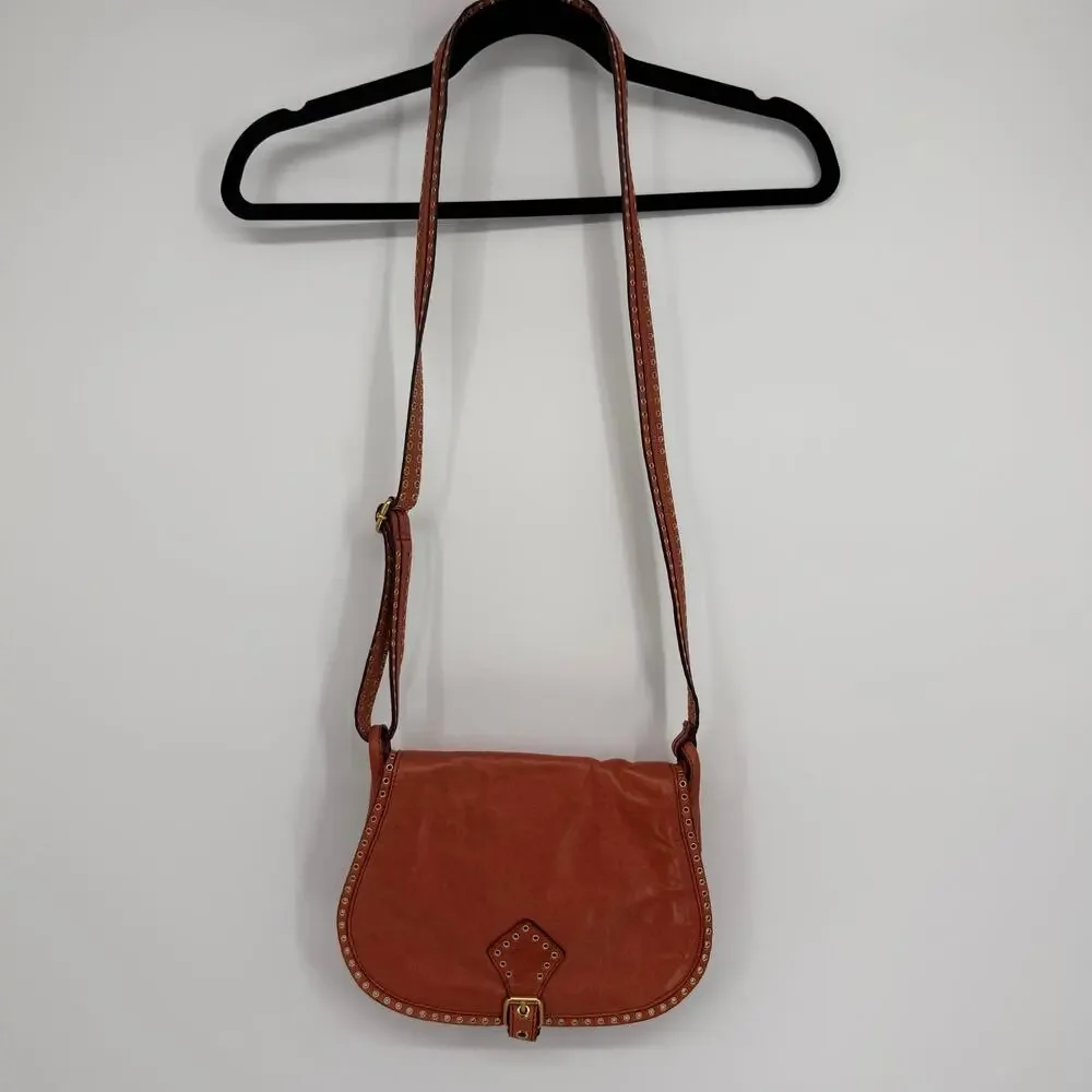 VTG Burnt Orange Leather Studded Crossbody Bag Boho Saddle Purse Rebecca Minkoff